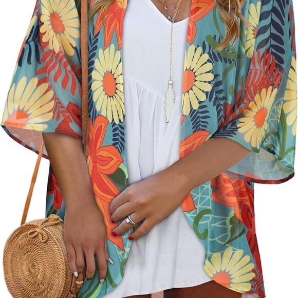 Women Kimono Cardigans Casual Summer Tops Cover up Open Front Floral Print Resor - Picture 1 of 5